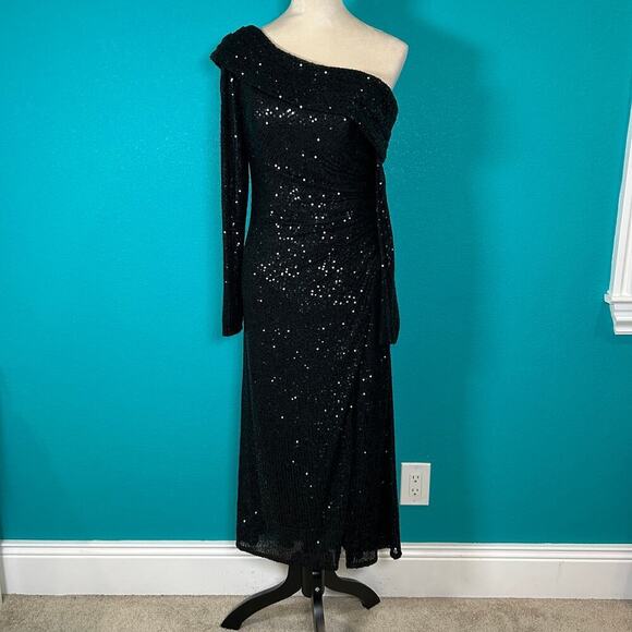 NWT Leena For Mac Duggal Black Sequin One-Shoulder Long Sleeve Midi Dress Size 4 - Picture 2 of 7